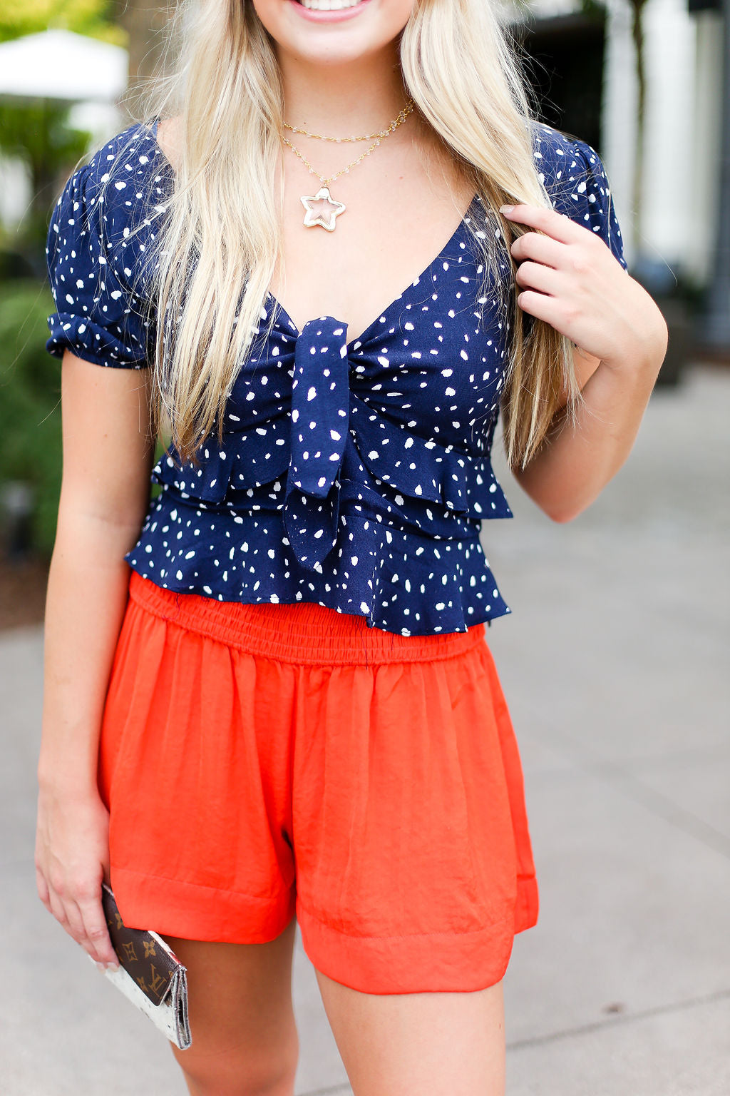 Navy Blue Ruffle Front Tie Crop Top
