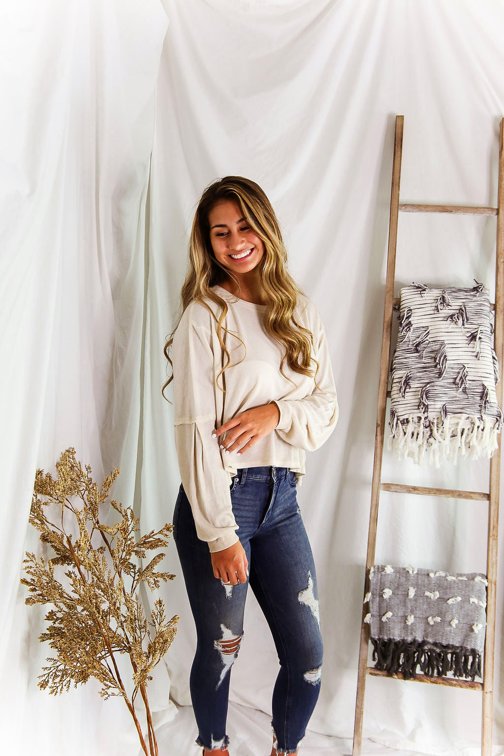 Oatmeal Long Sleeve High Low Waffle Top